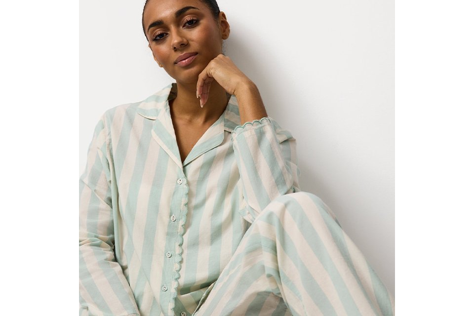 Red and white vertical striped pyjama bottoms.