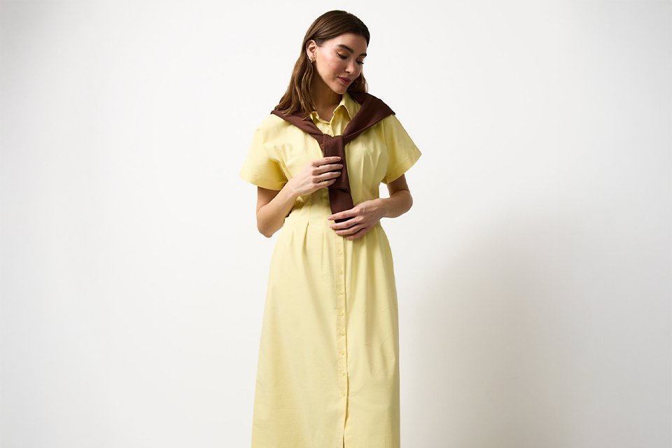 Yellow summer midi dress styled for warm-weather trends and effortless seasonal dressing. 