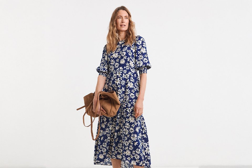  Floral midi dress styled for a mother of the bride or groom outfit, offering a polished and elegant wedding look.
