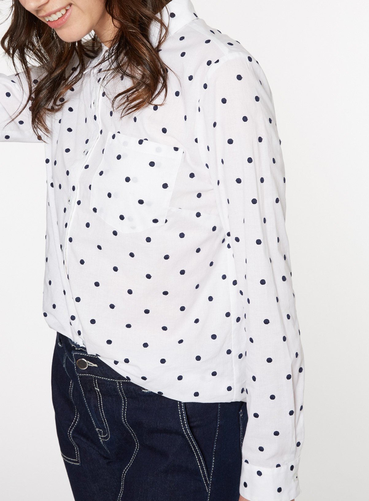 white shirt polka dot