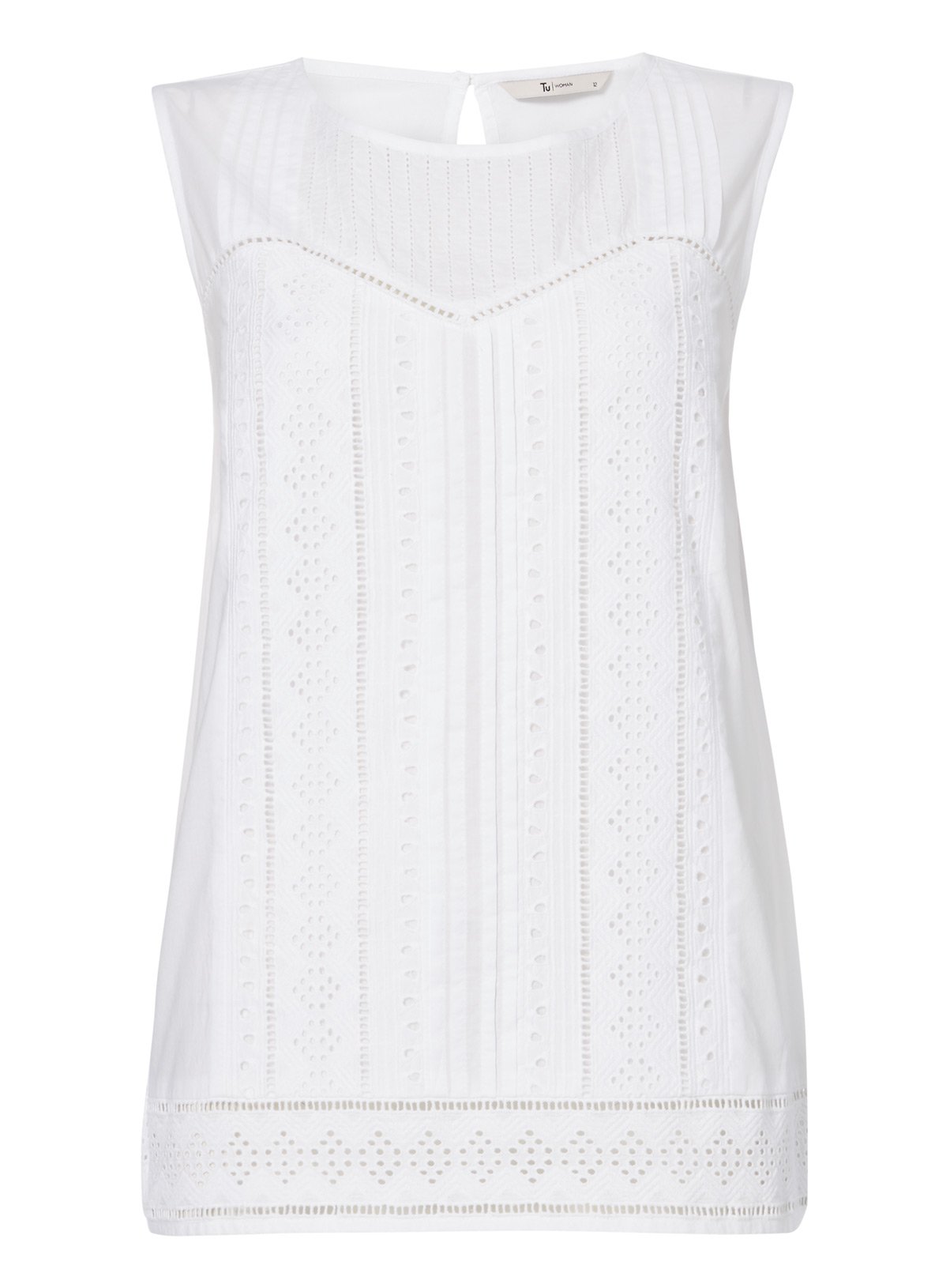 white sleeveless shell top