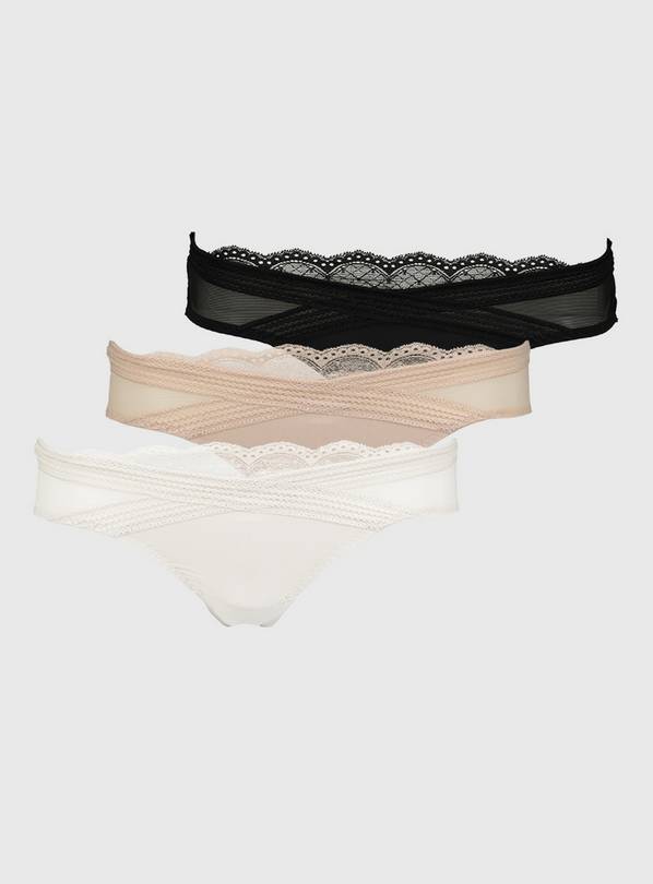 White, Black & Nude Crossover Lace Brazilian Knickers 3 Pack