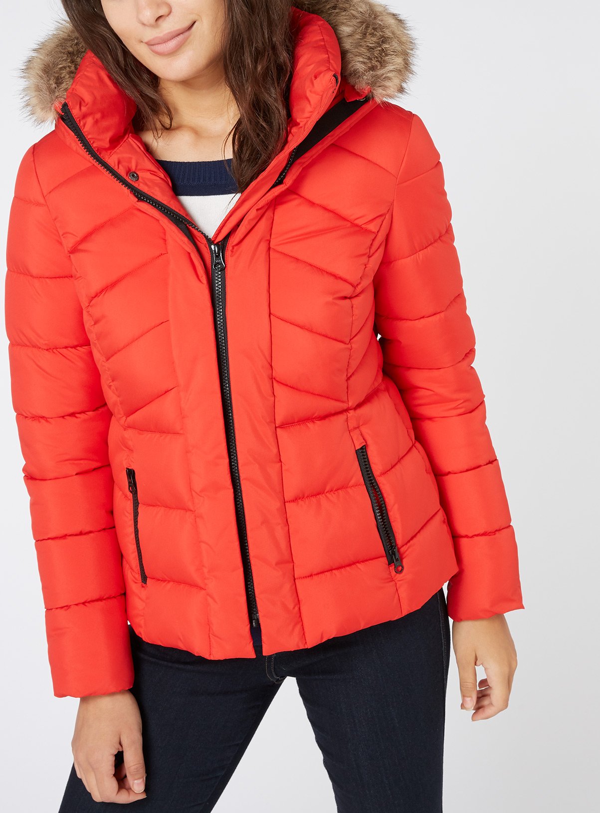 red padded jacket with hood