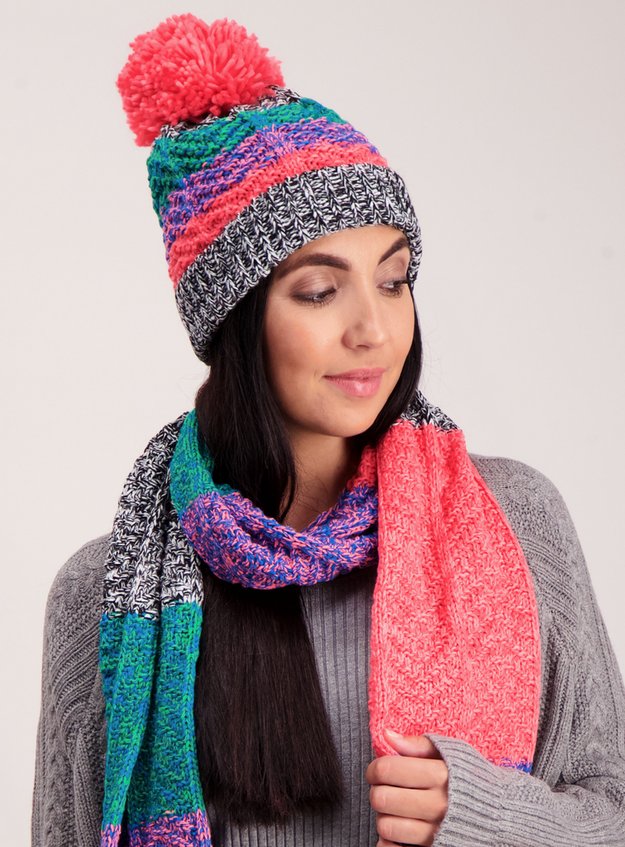 Woman's hat in multi colored with pompom