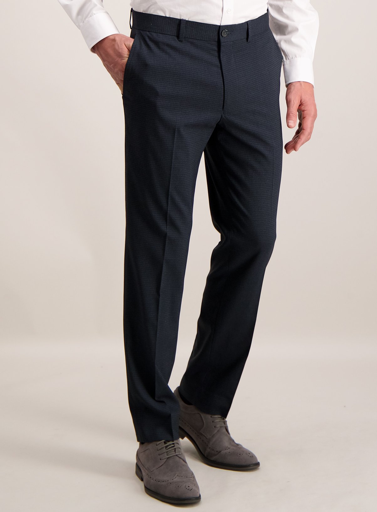 Navy Blue Grid Slim Fit Trousers With Stretch Review