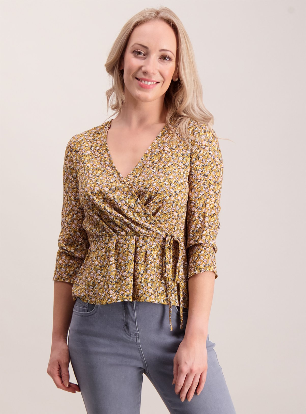 PETITE Online Exclusive Mustard Wrap Top Review