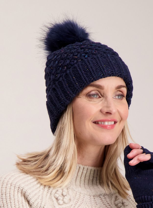 Womens Navy Sparkle Pom Pom Hat Tu Clothing