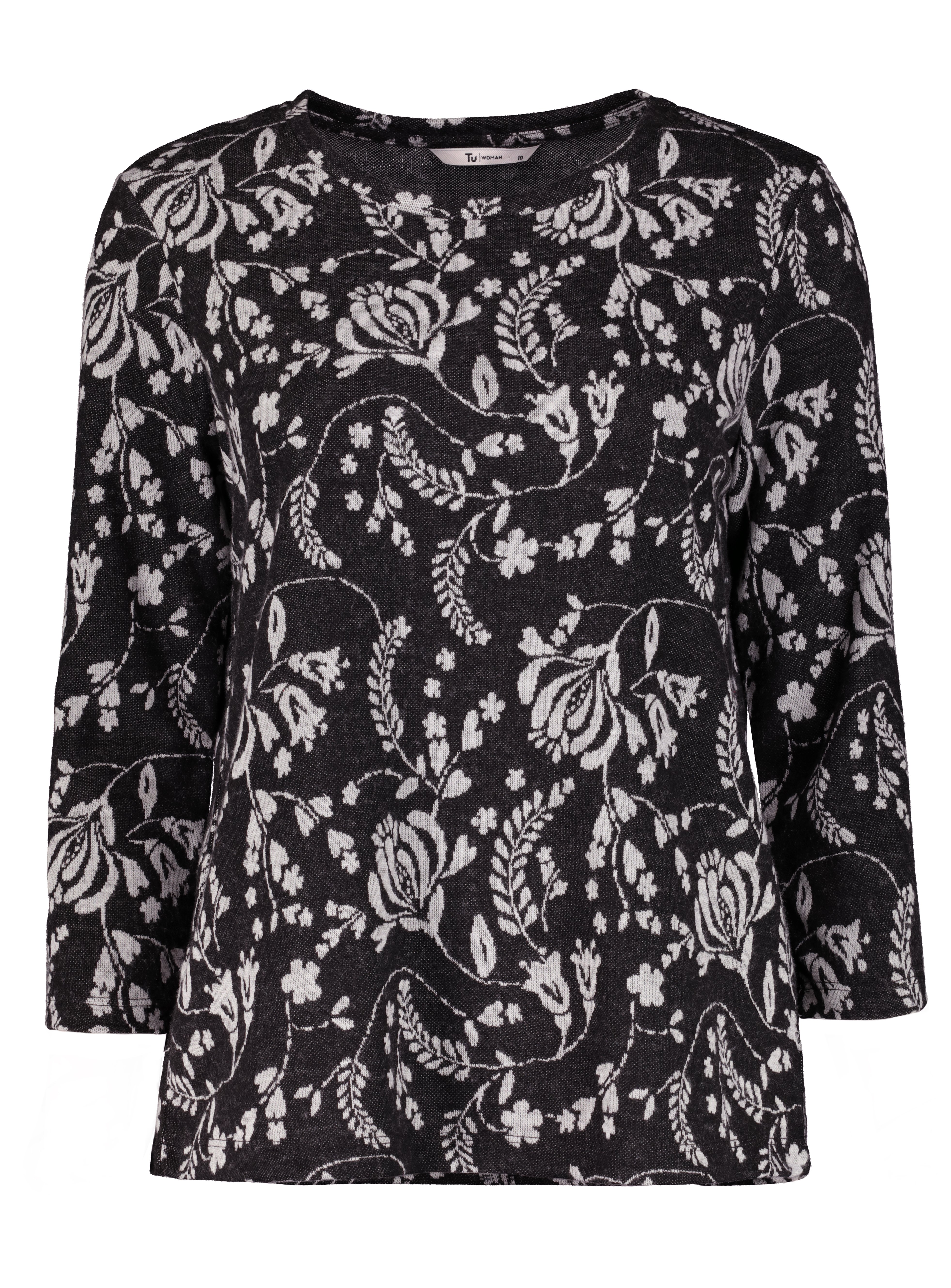 Dark Grey Floral Print Brushed Knit Look Top Review