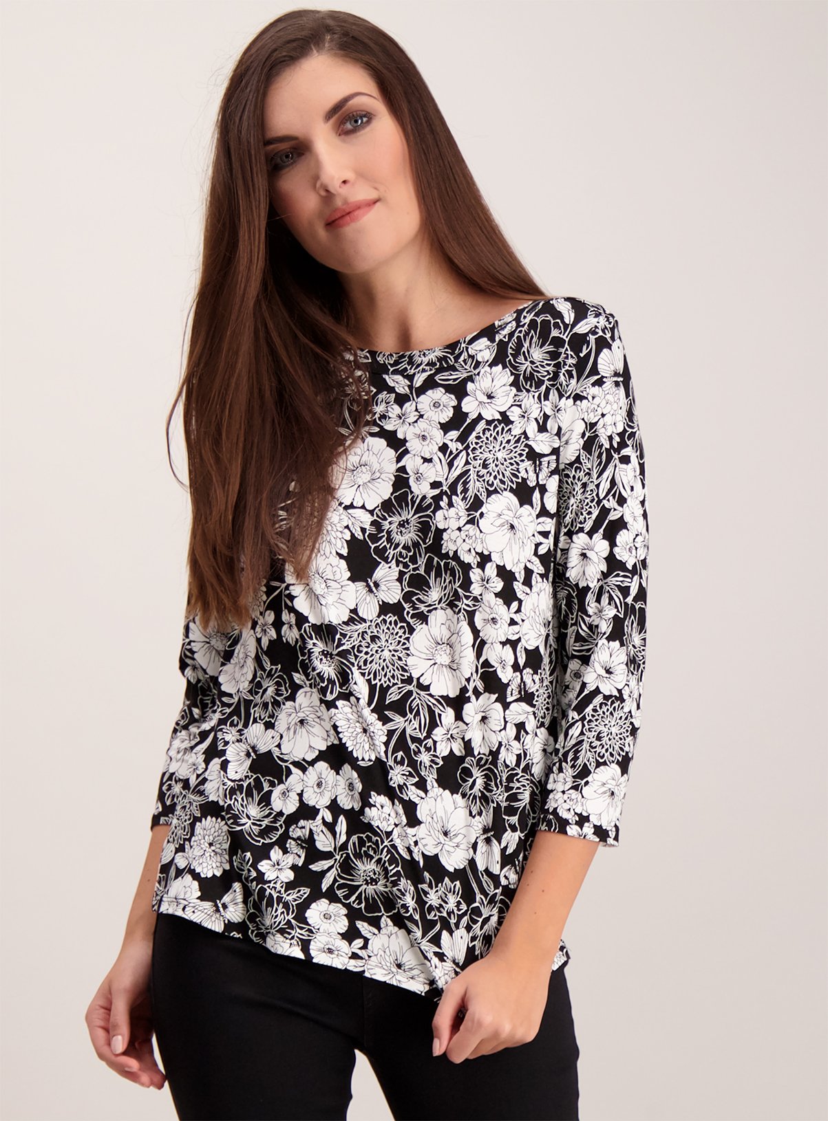 Monochrome Floral Print Slash Neck Top Review