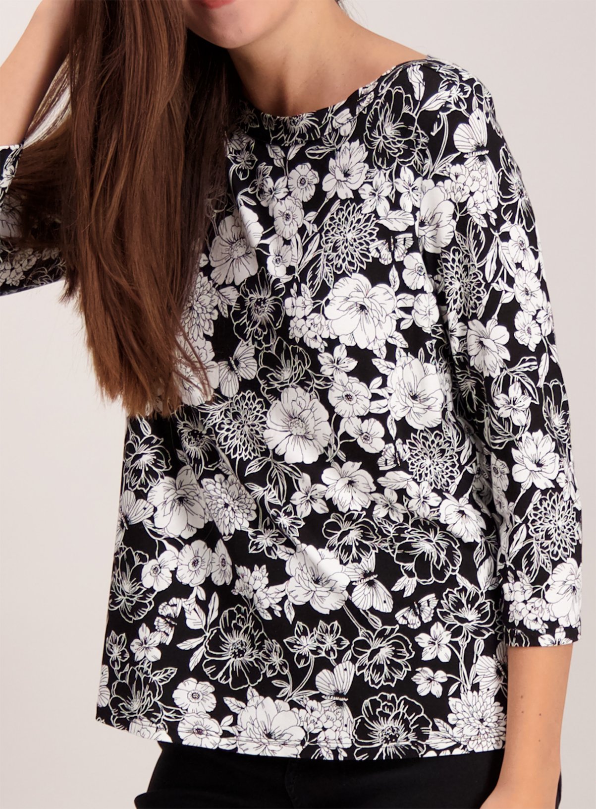 Monochrome Floral Print Slash Neck Top Review