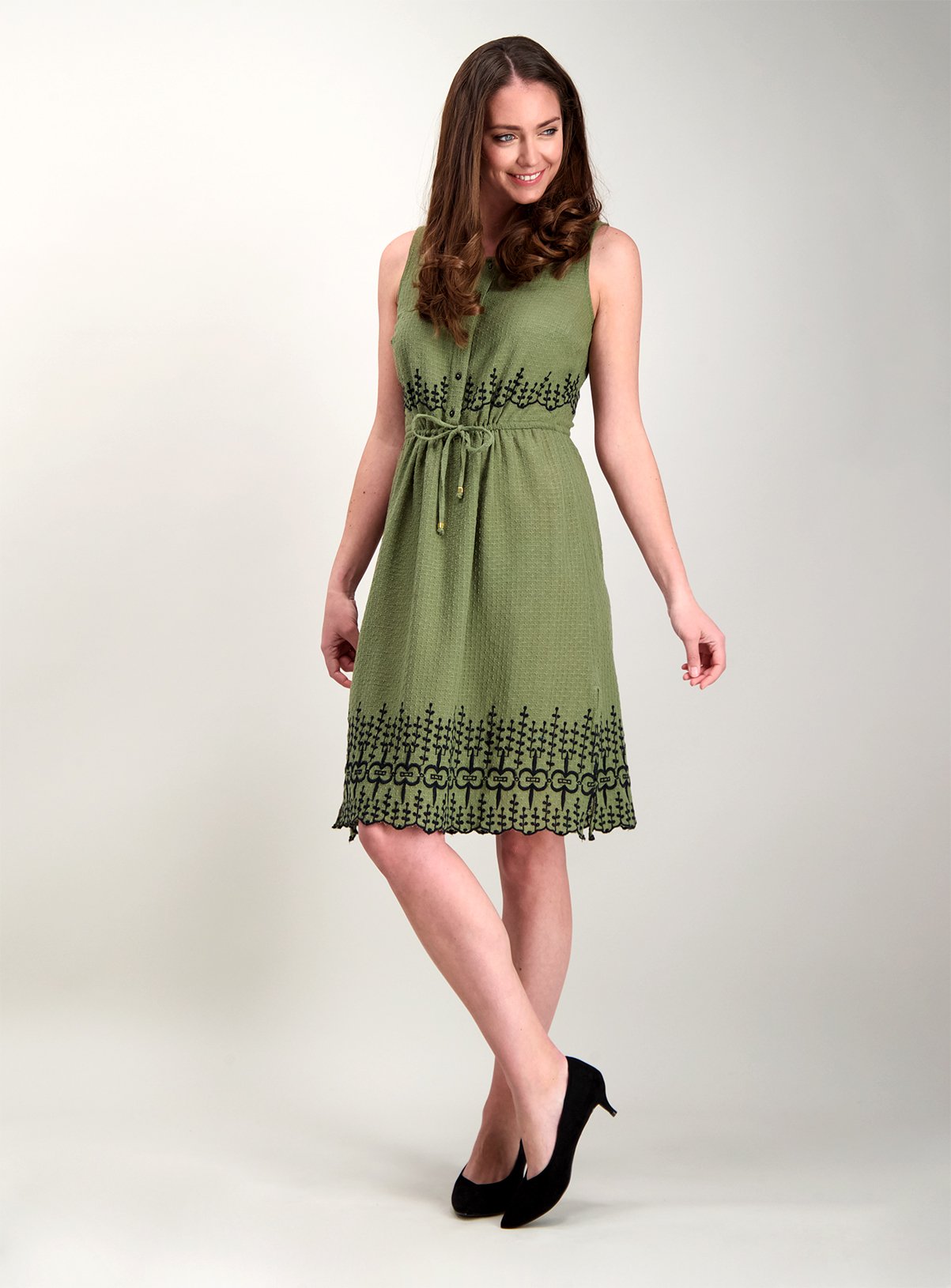 Online Exclusive Khaki Green Embroidered Sleeveless Dress - Review