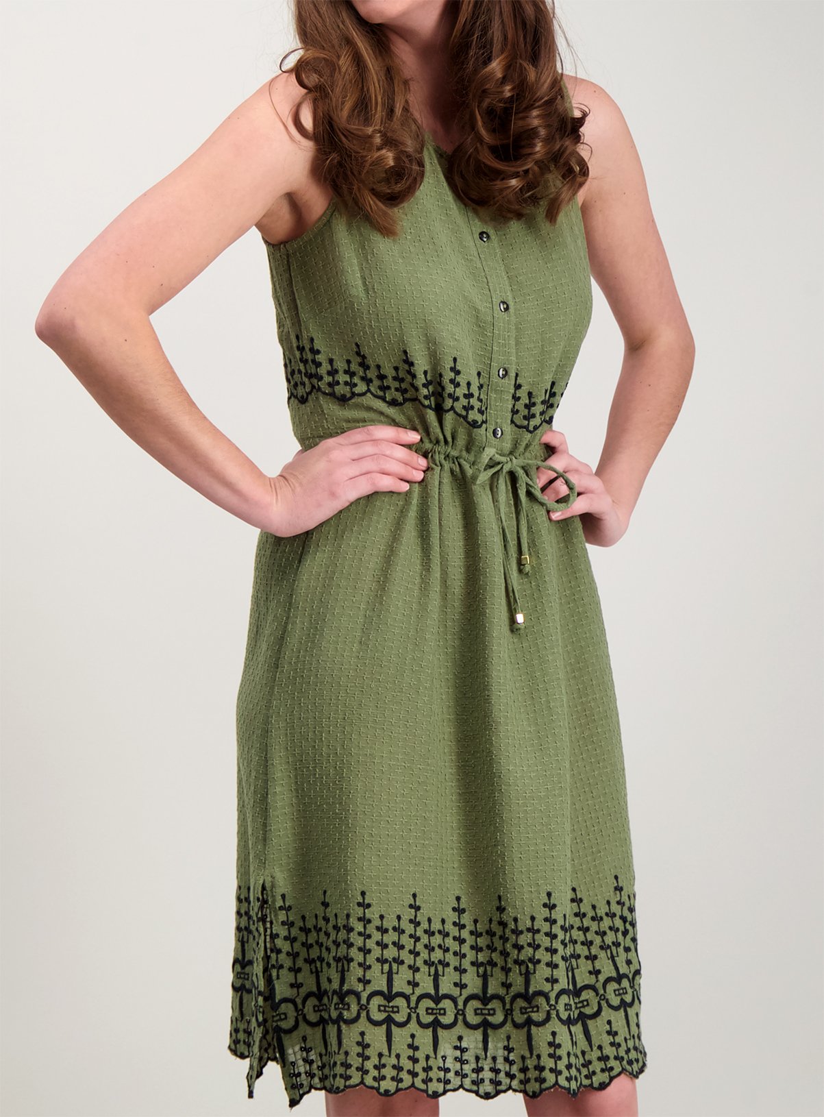 Online Exclusive Khaki Green Embroidered Sleeveless Dress - Review