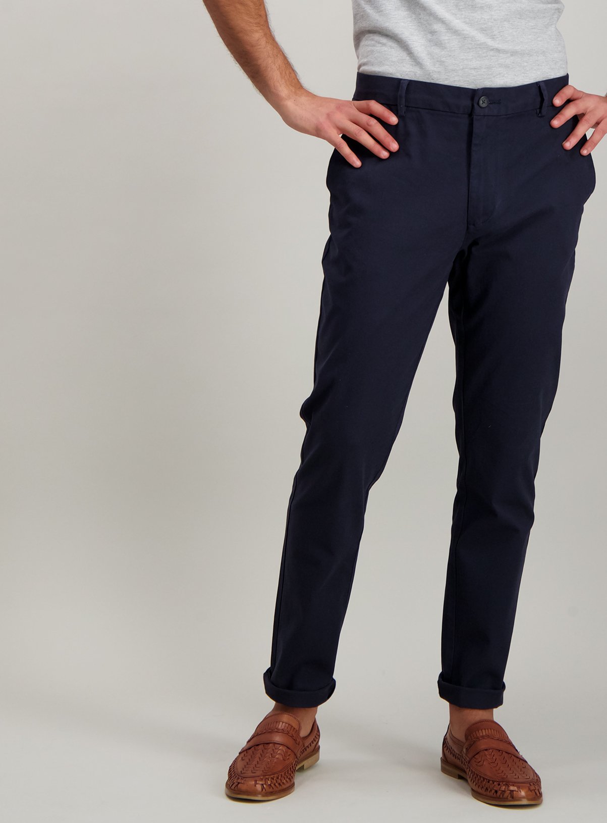 navy blue slim trousers