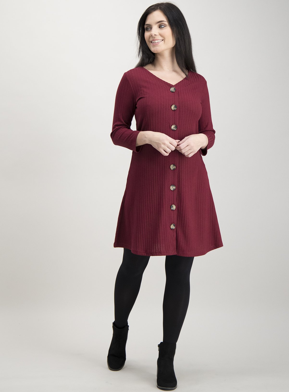 PETITE Dark Red Ribbed Button Through Dress Review