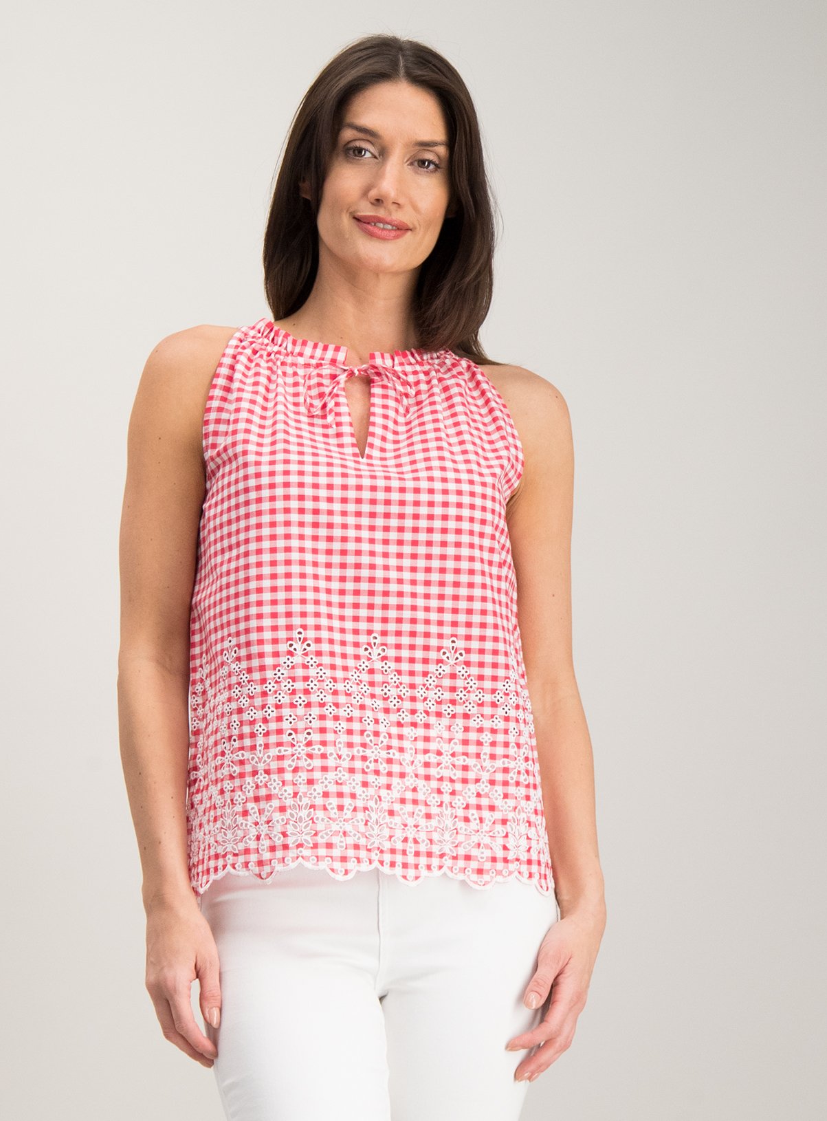 Red Gingham Schiffli Lace Detail Shell Top Review