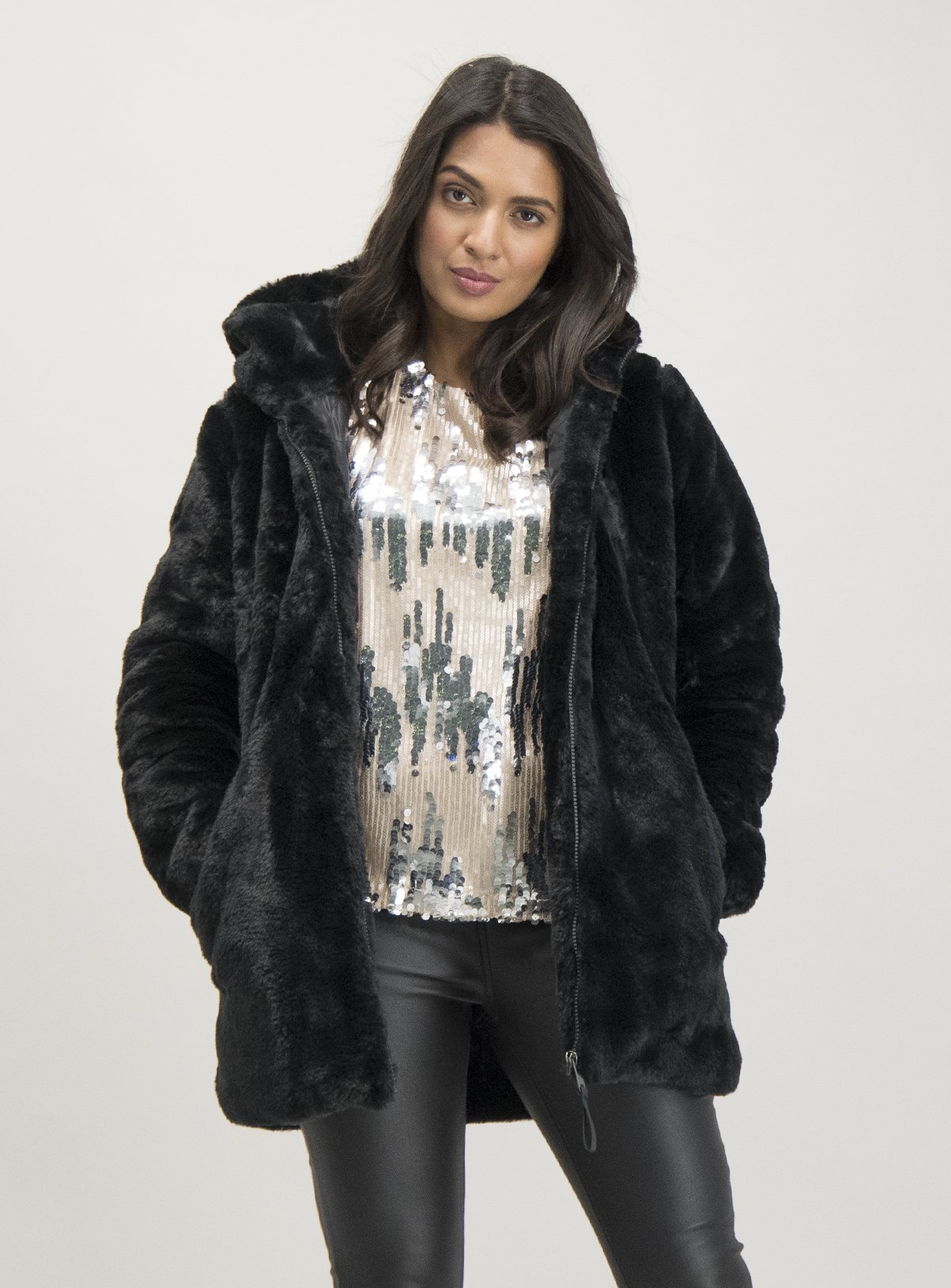 black longline faux fur coat