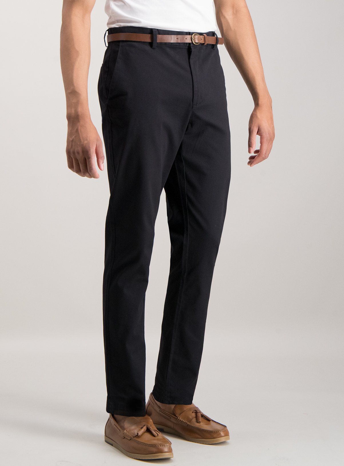 black stretch slim leg belted trousers