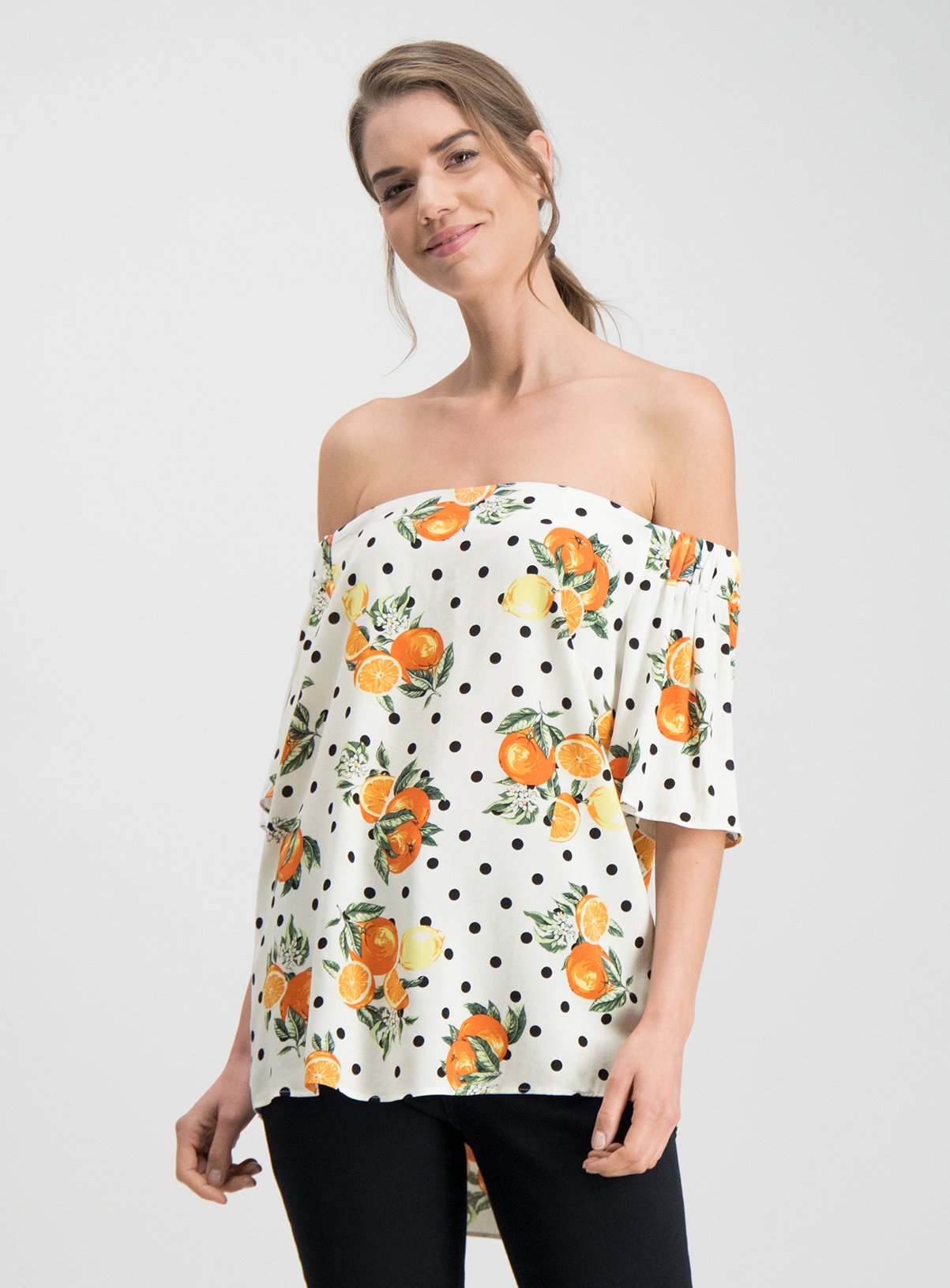 Multicoloured Fruit Print Bardot Top Review