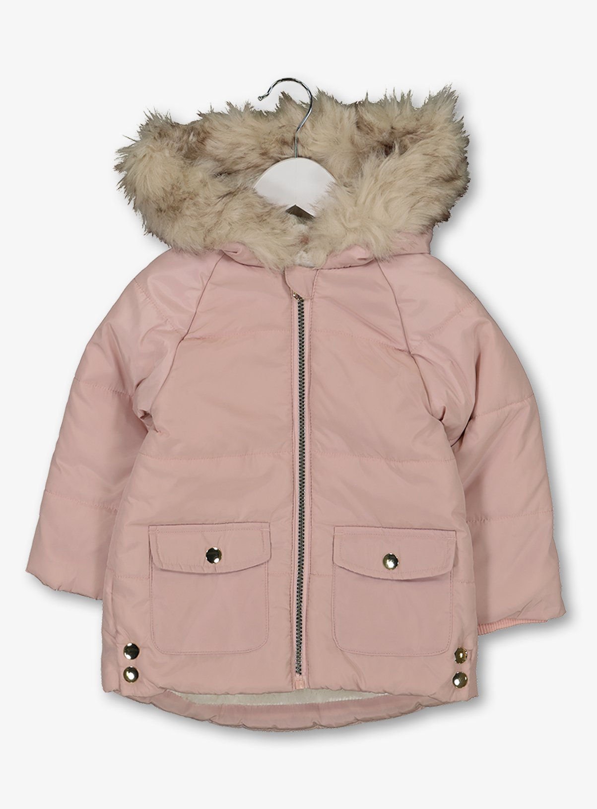 pink padded coat with fur hood