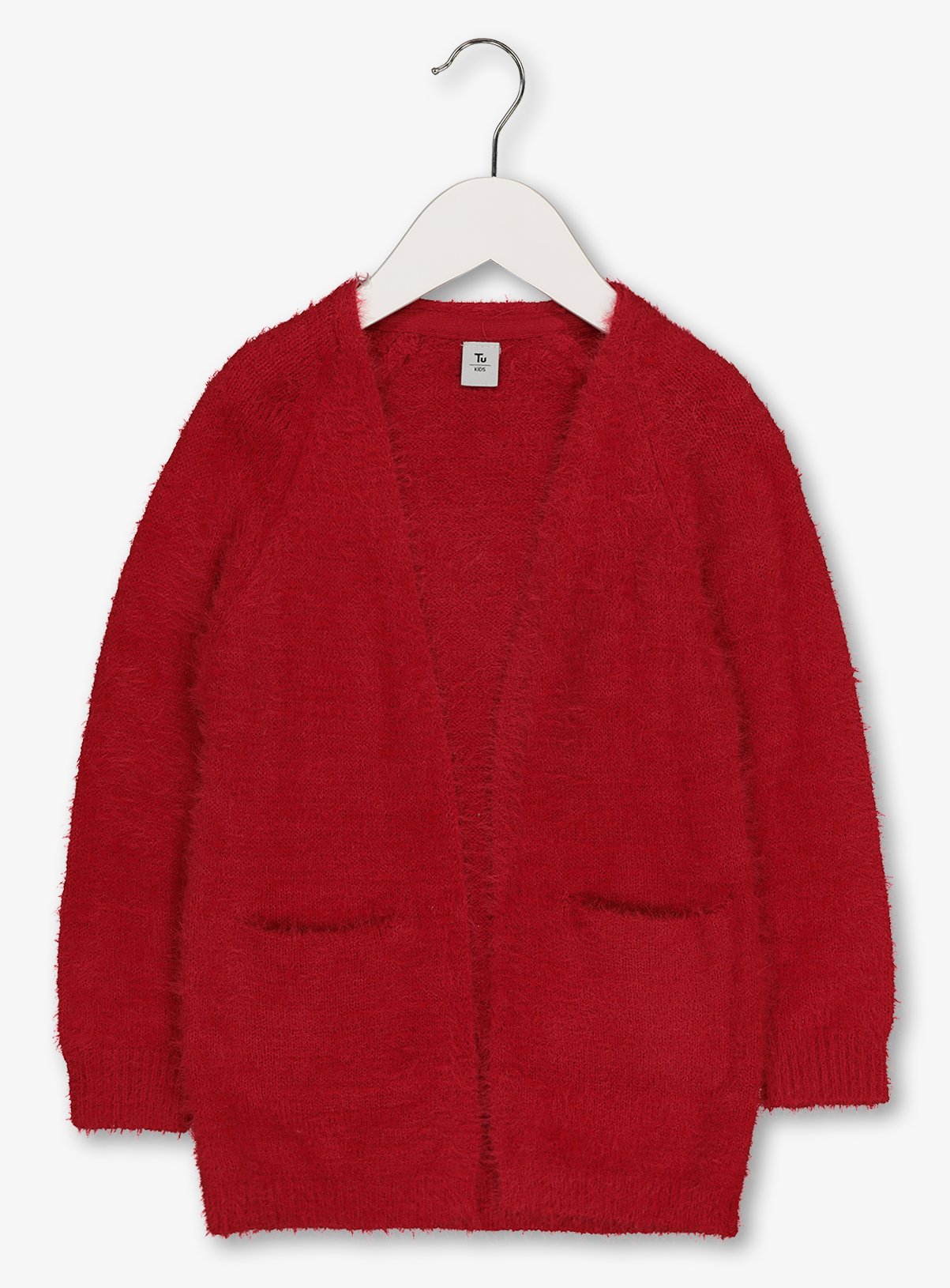 red fuzzy cardigan