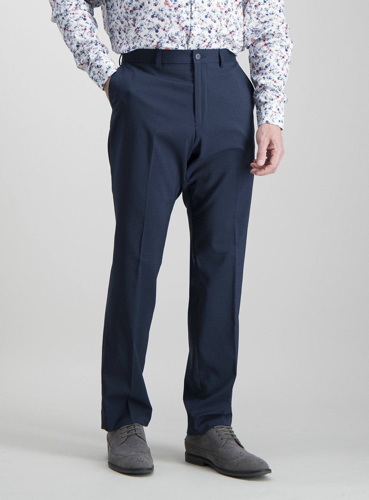 Navy Grid Tailored Fit Trousers With Stretch Review