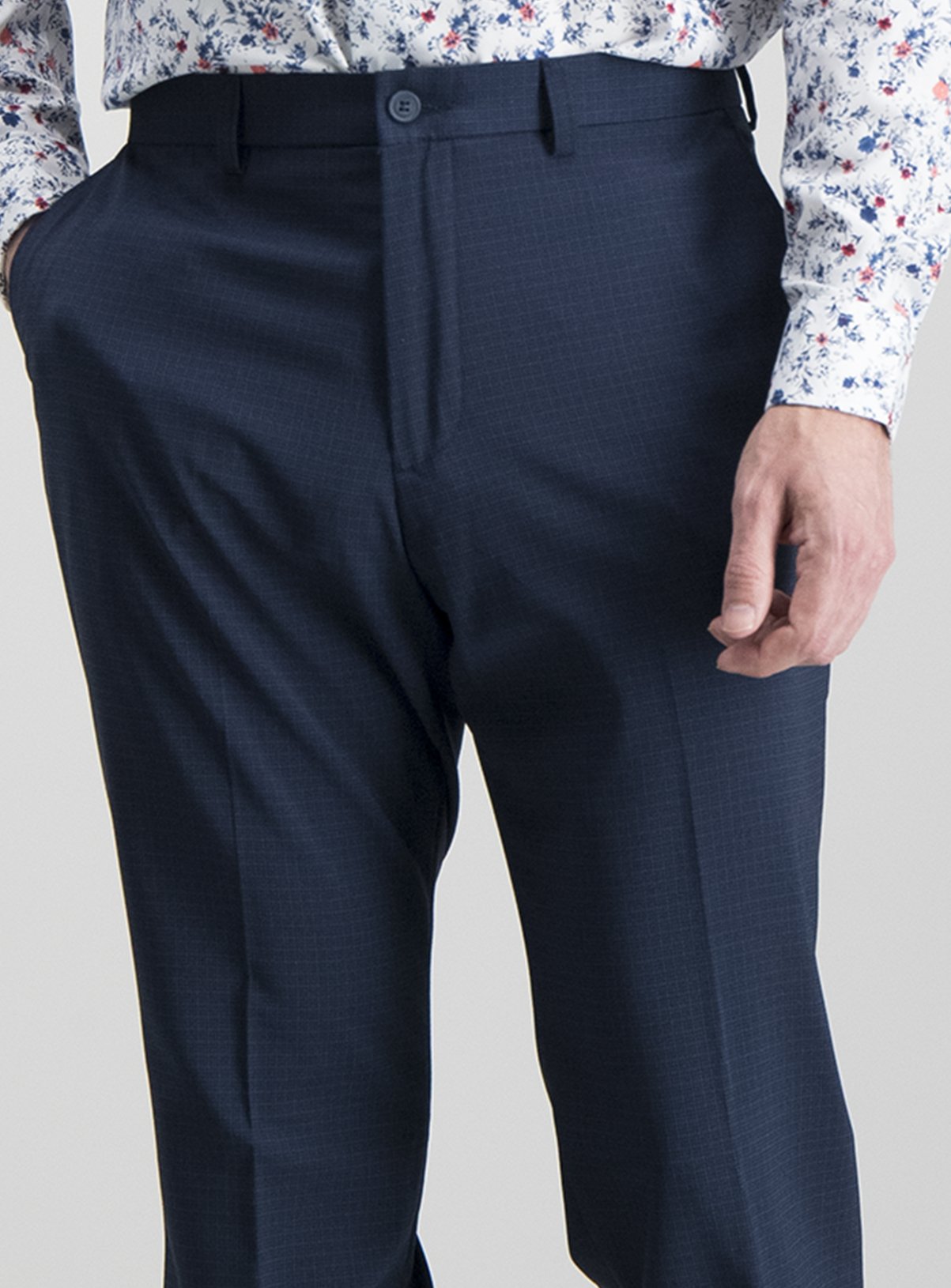 Navy Grid Tailored Fit Trousers With Stretch Review