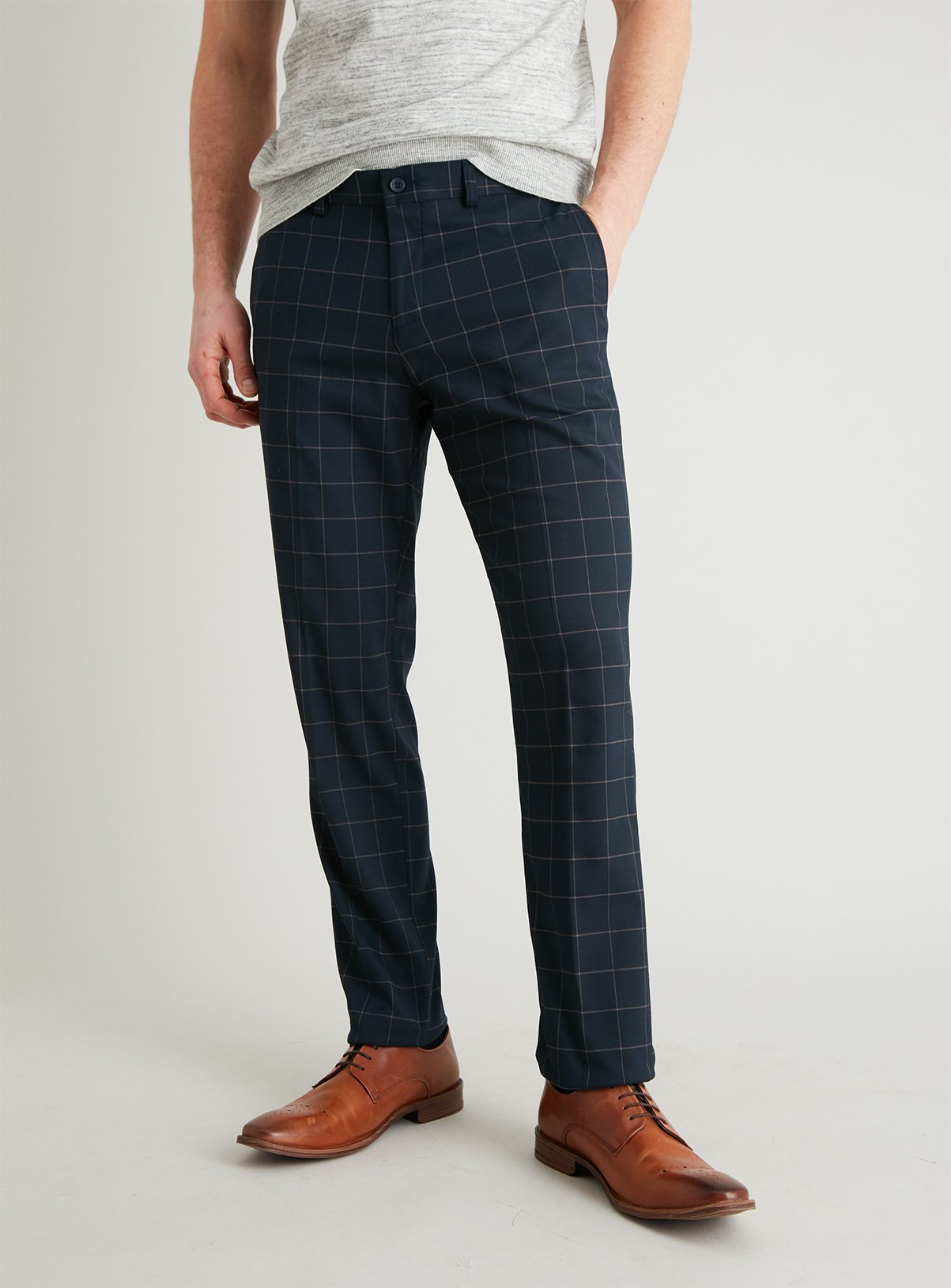 Navy Grid Check Slim Fit Trousers With Stretch Review