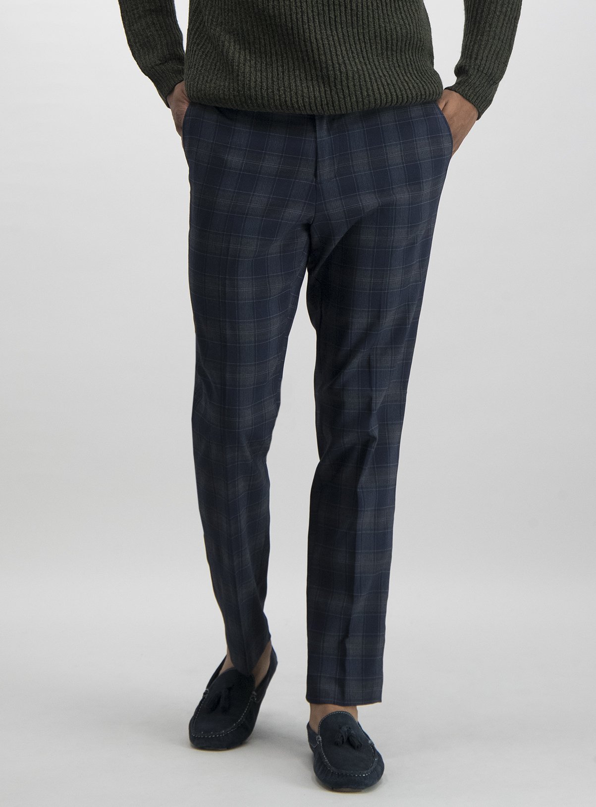 navy tartan plaid slim tapered pant