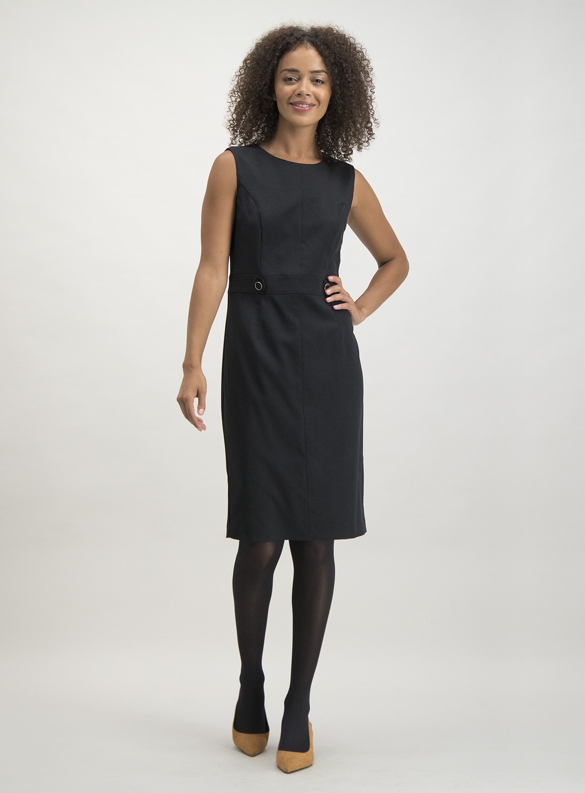 black button shift dress