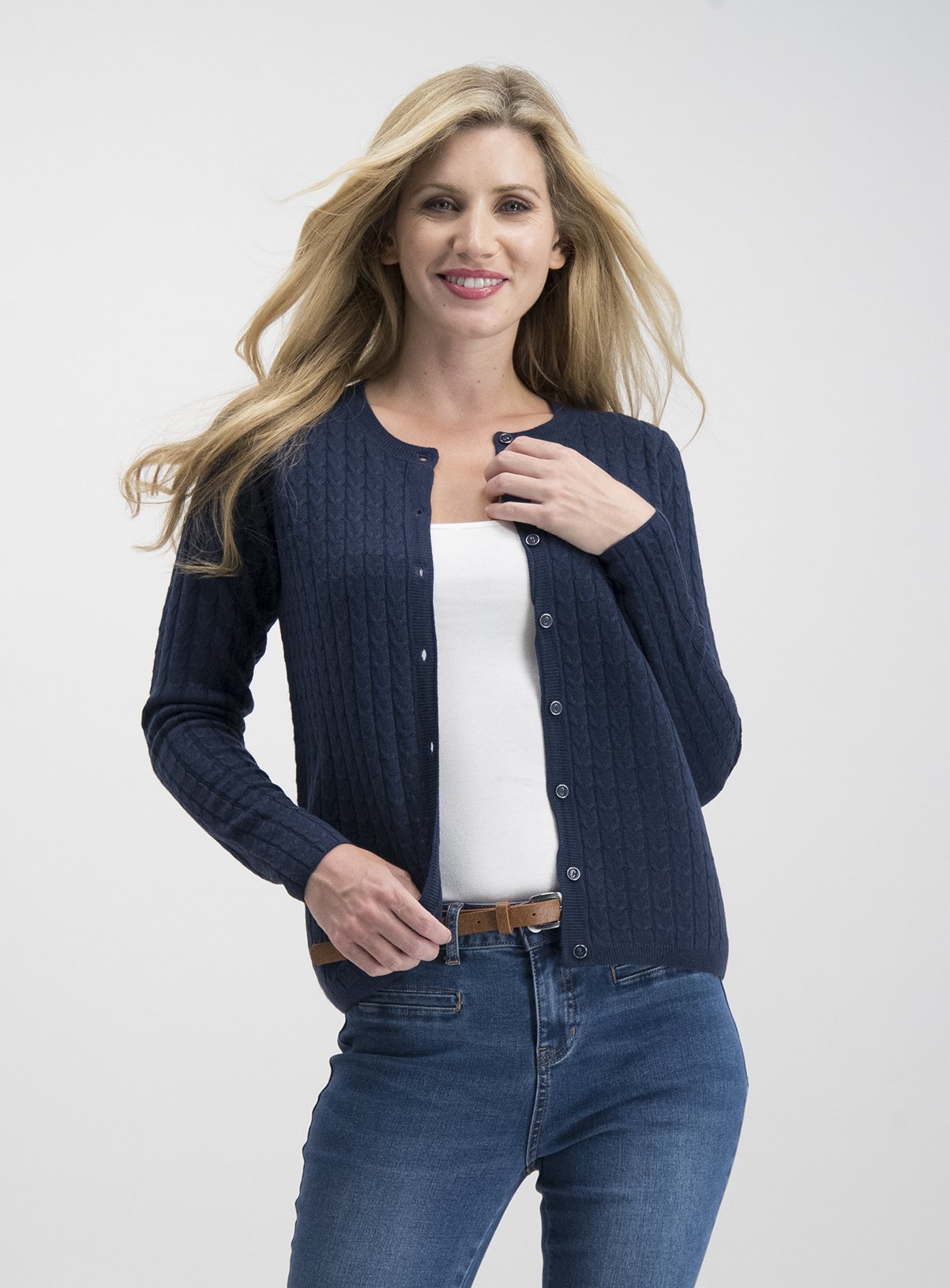 navy cable knit cardigan