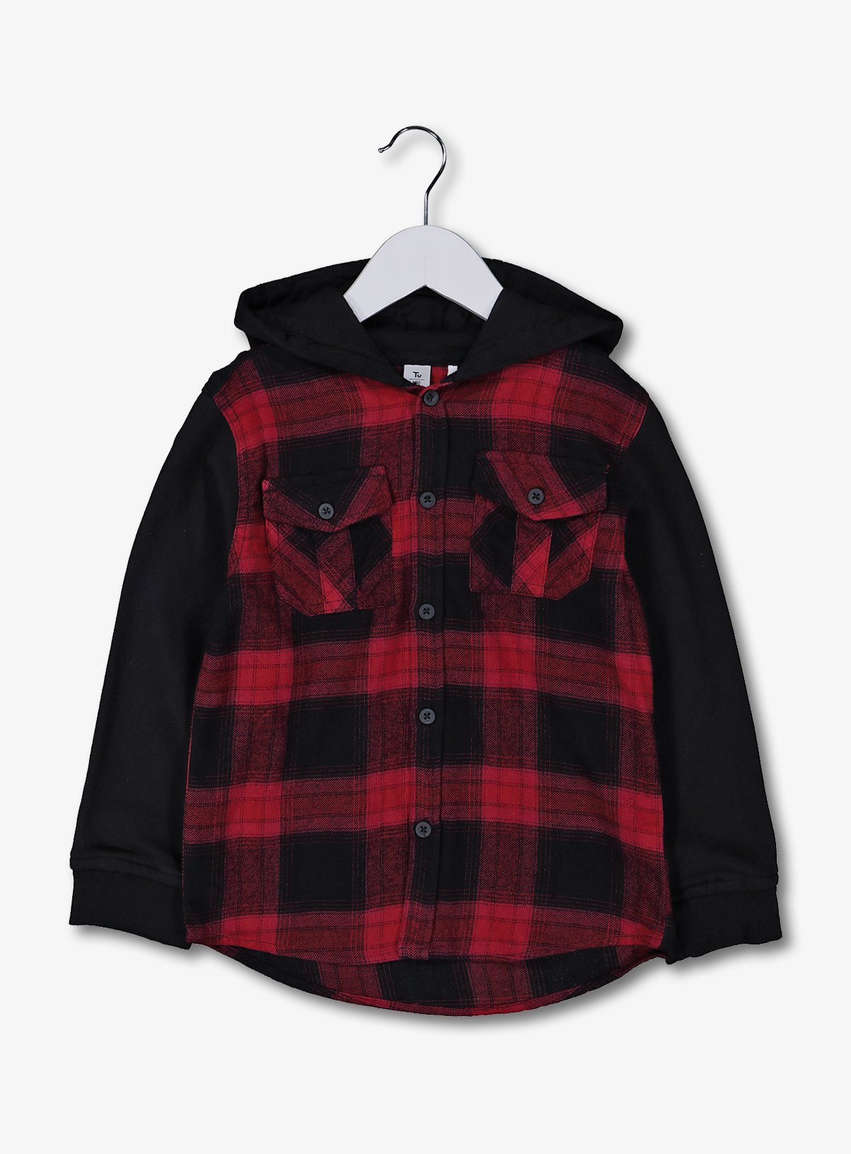 red and black check shirt with hood