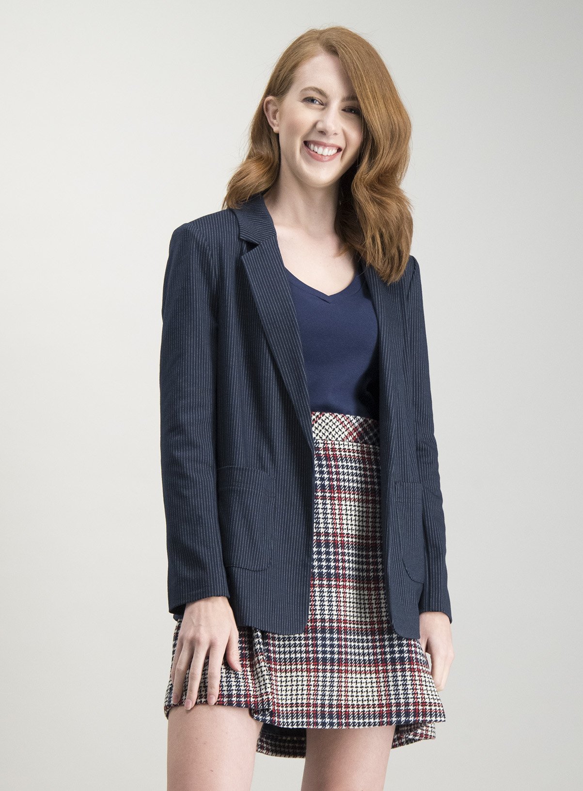 womens navy blue pinstripe blazer