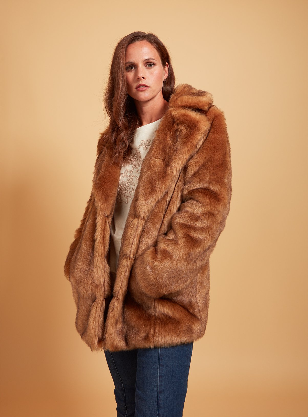 brown faux fur coat with hood