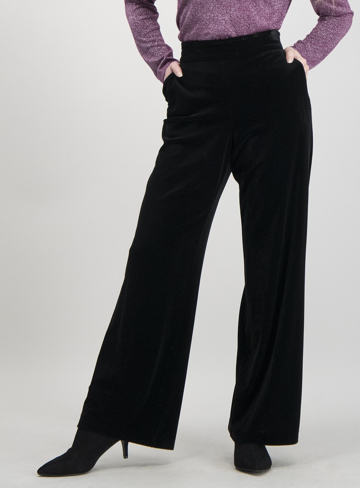 wide leg black velvet trousers