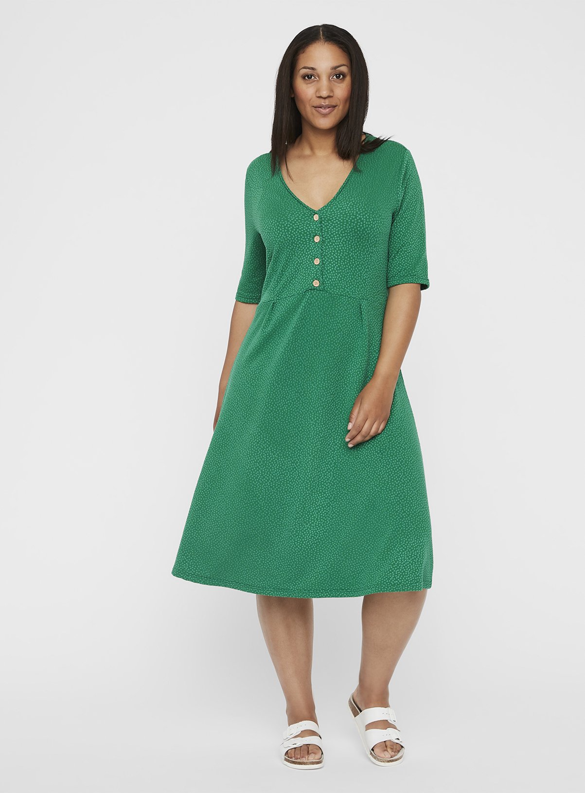 Green Jacquard Button Front Swing Dress Review
