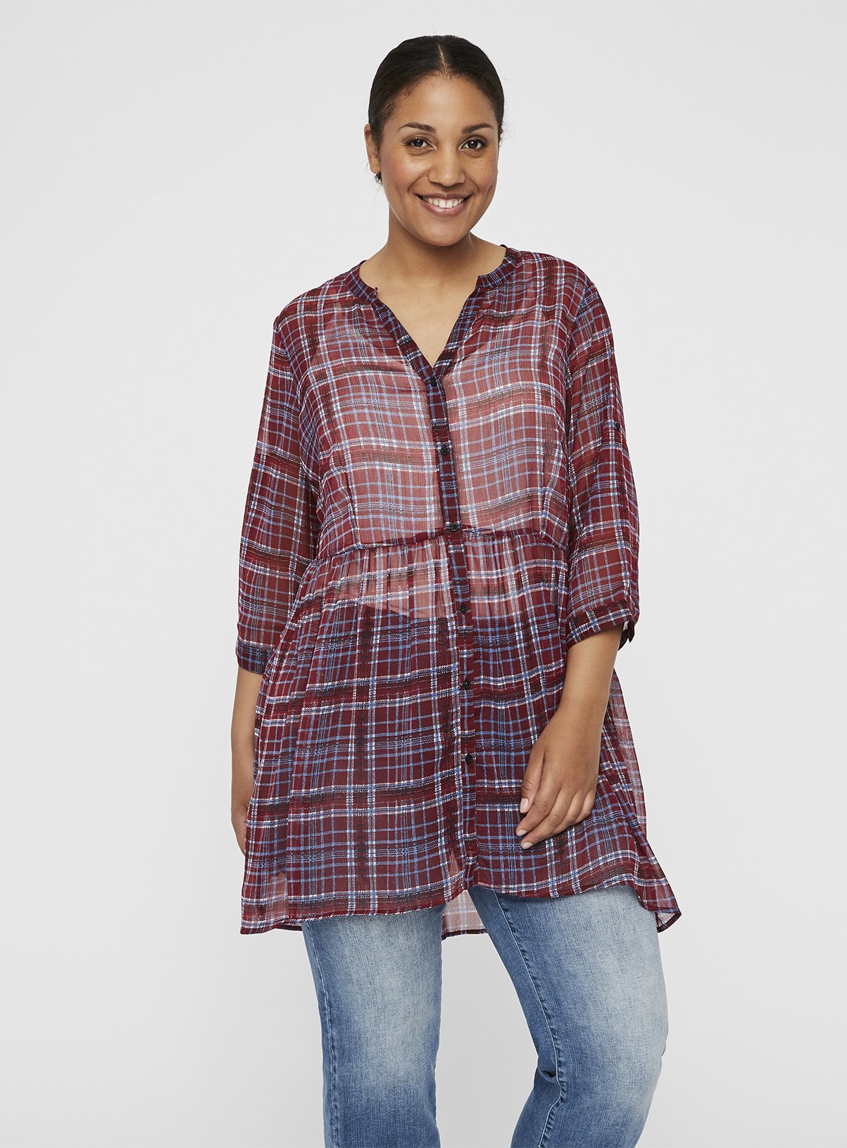 JUNAROSE Red Sheer Check Long Shirt Review