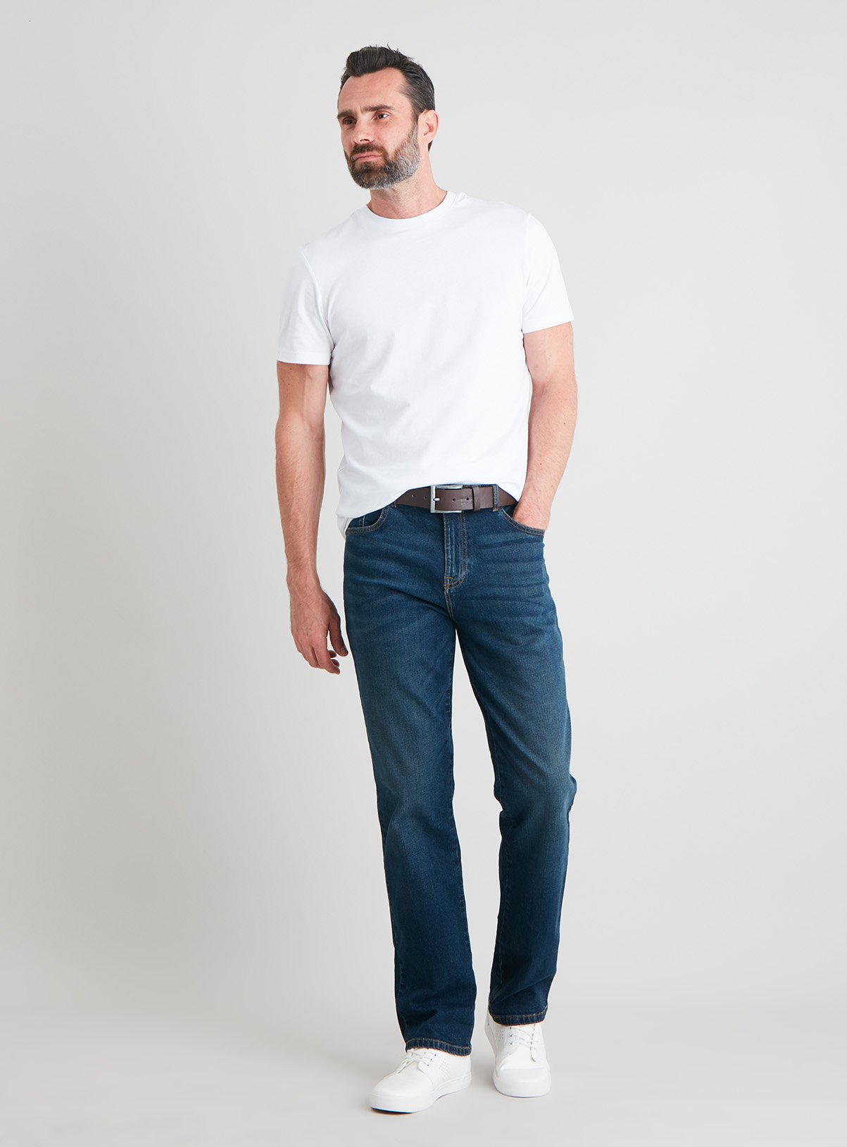 Blue Mid Wash Belted Straight Leg Jeans With Stretch Review