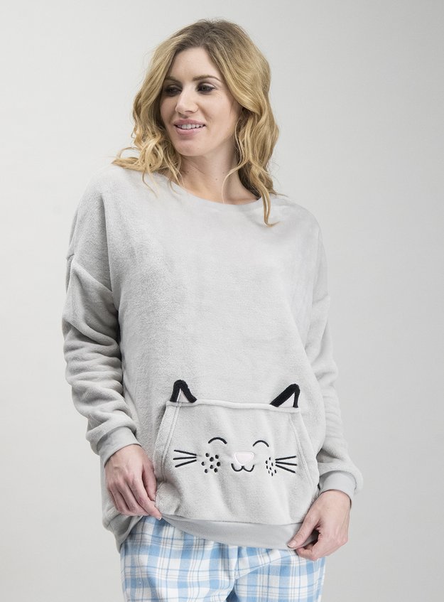 Womens Grey Fleece Cat Pyjama Top Tu Clothing