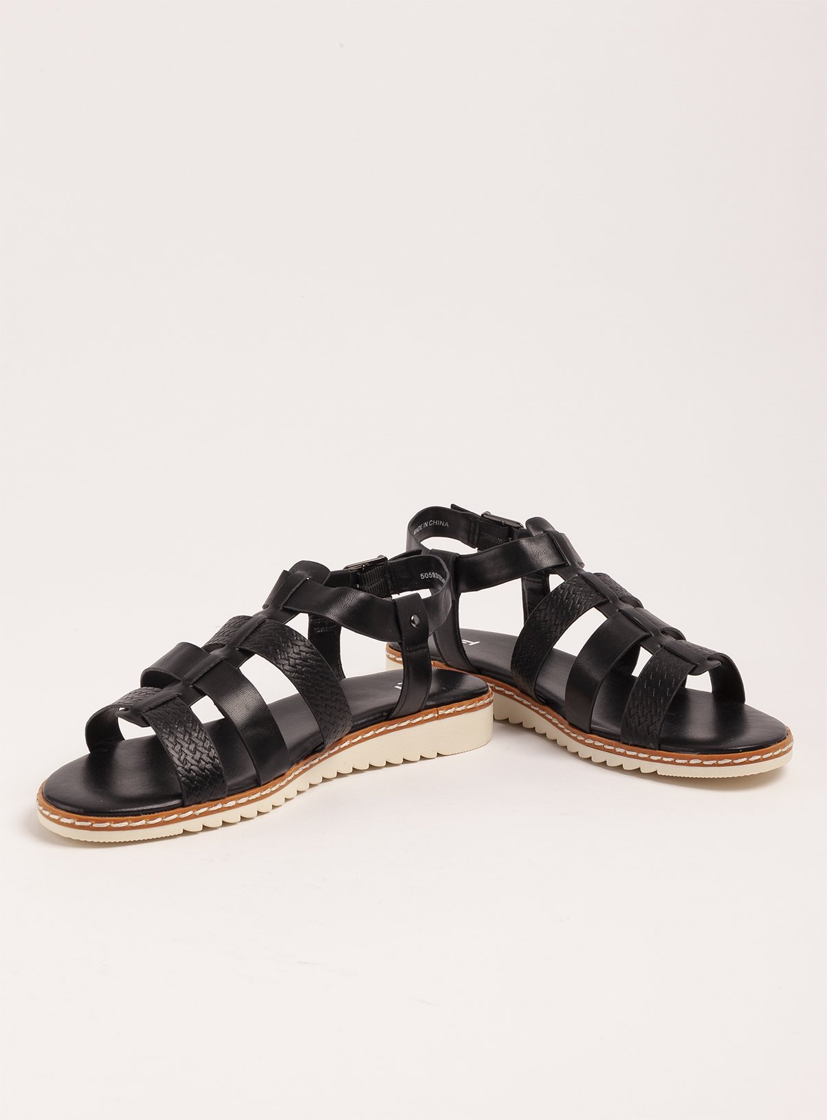 black faux leather sandals