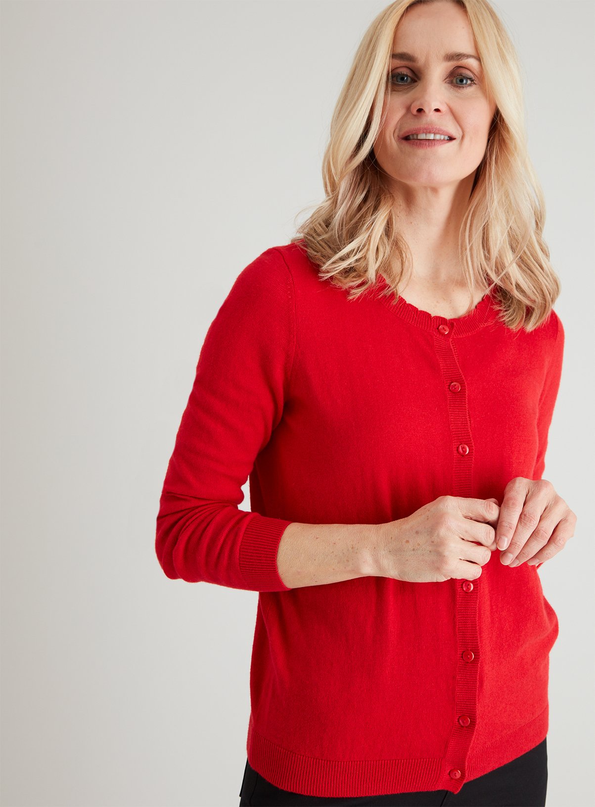 Red Scallop Neck Cardigan Review