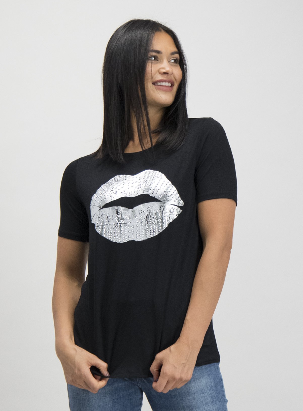 Womens Black Punk Lips Graphic T-Shirt 