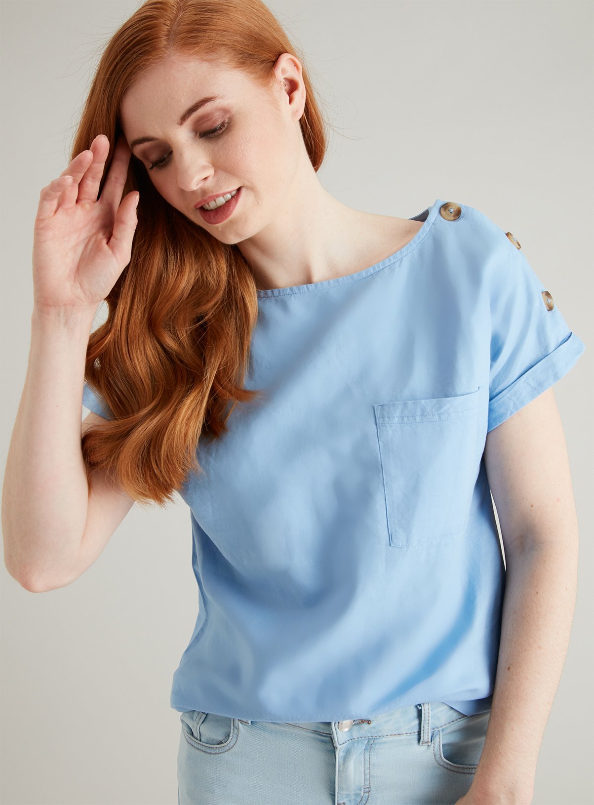 Blue Linen-Rich Button Shoulder Top Review