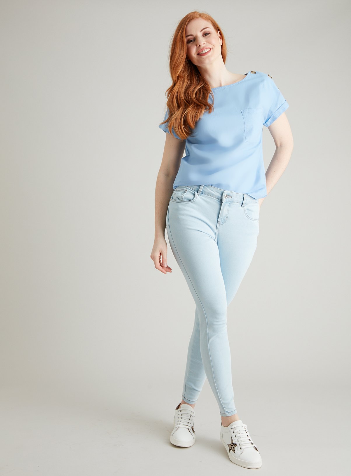 Blue Linen-Rich Button Shoulder Top Review