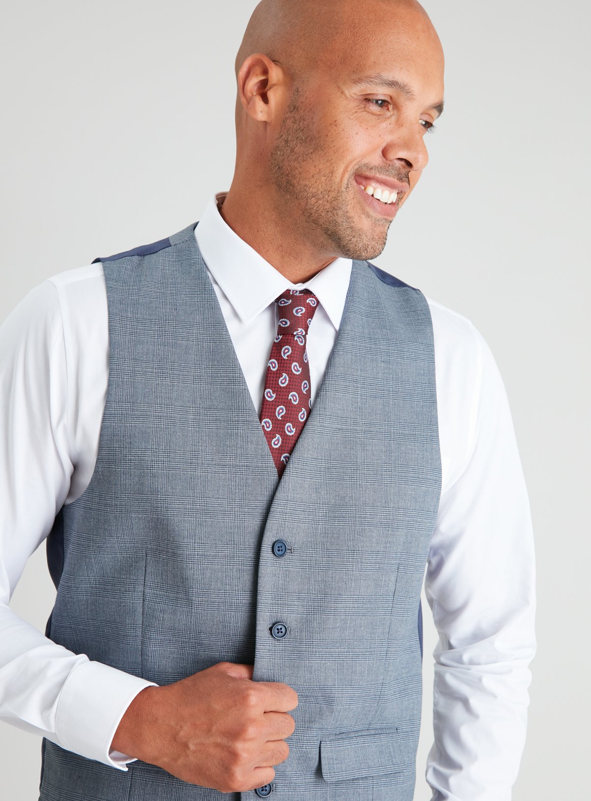 Blue Check Tailored Fit Waistcoat With Stretch Review