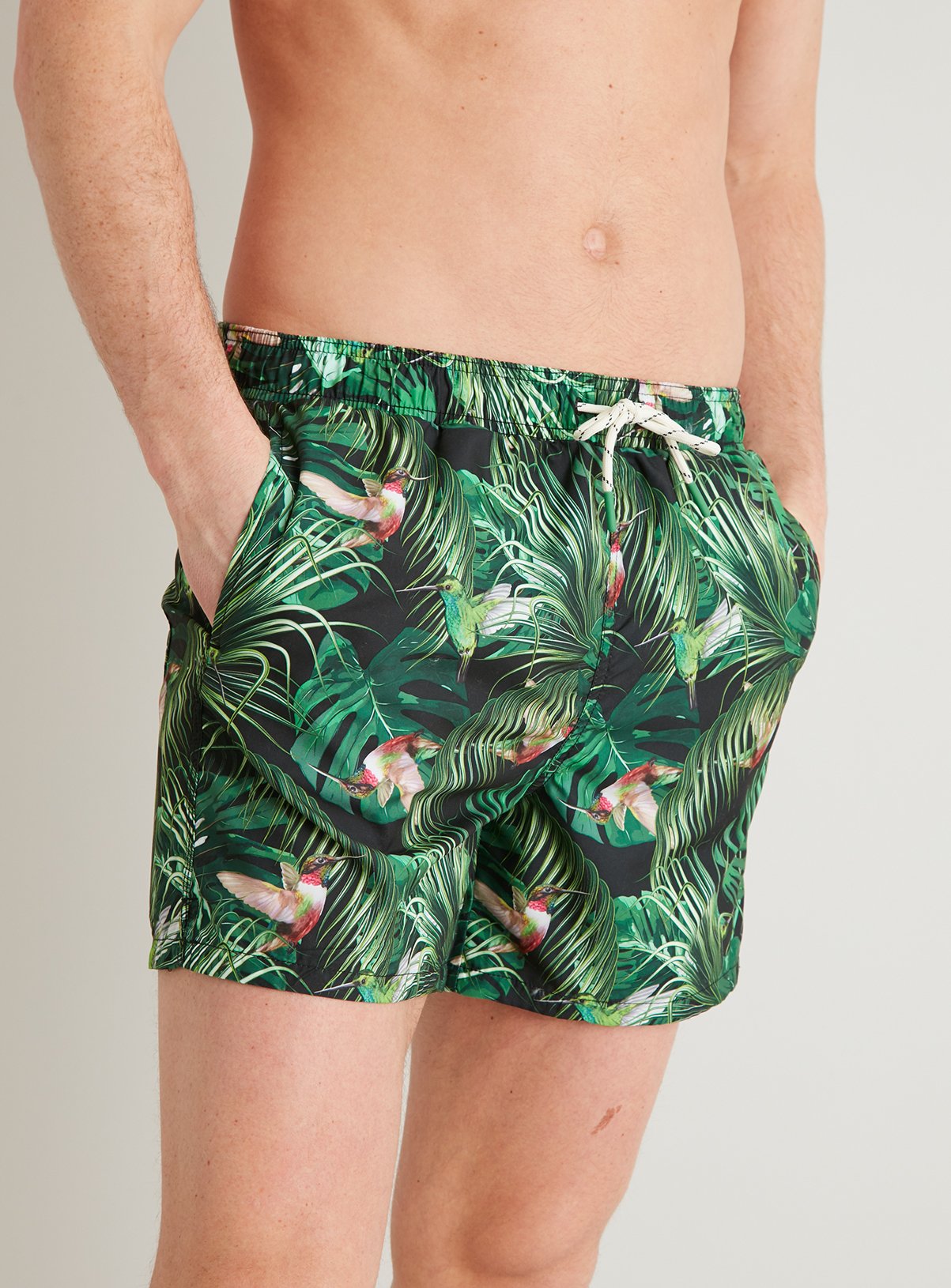 Green Bird & Palm Print Shortie Recycled Swim Shorts Review