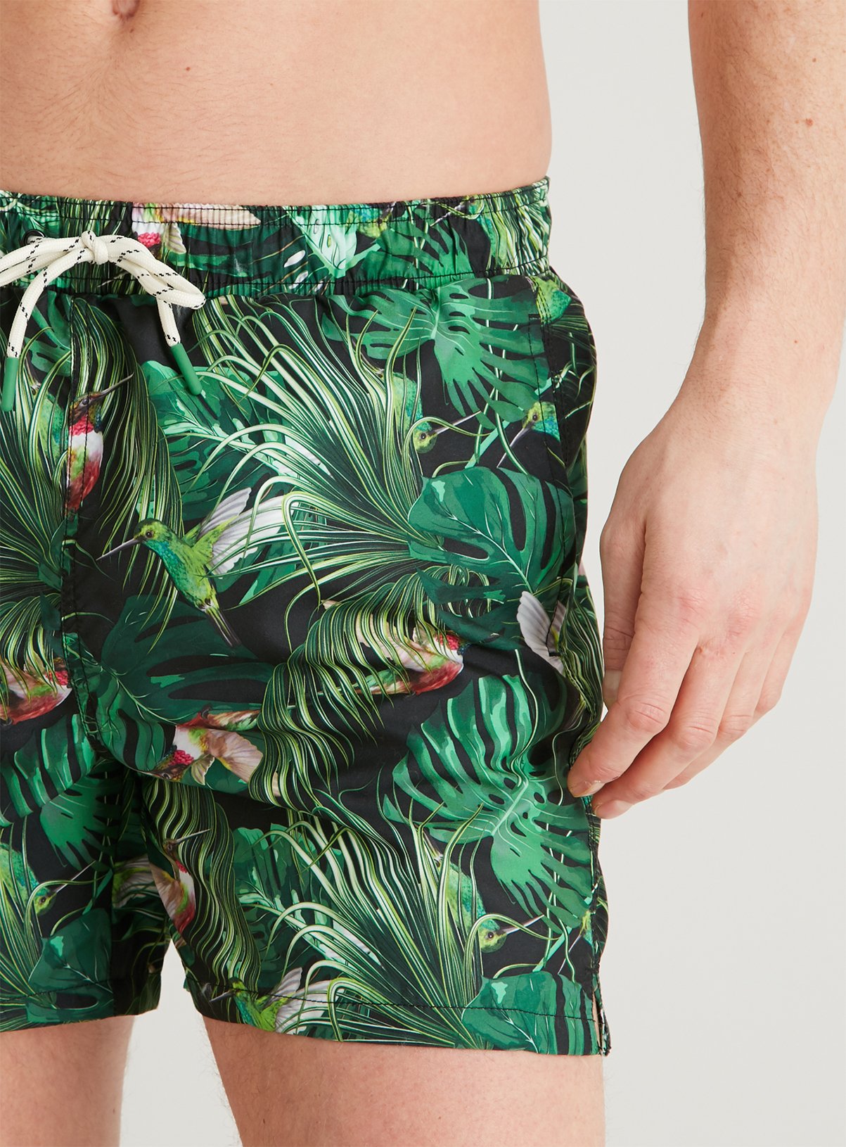 Green Bird & Palm Print Shortie Recycled Swim Shorts Review