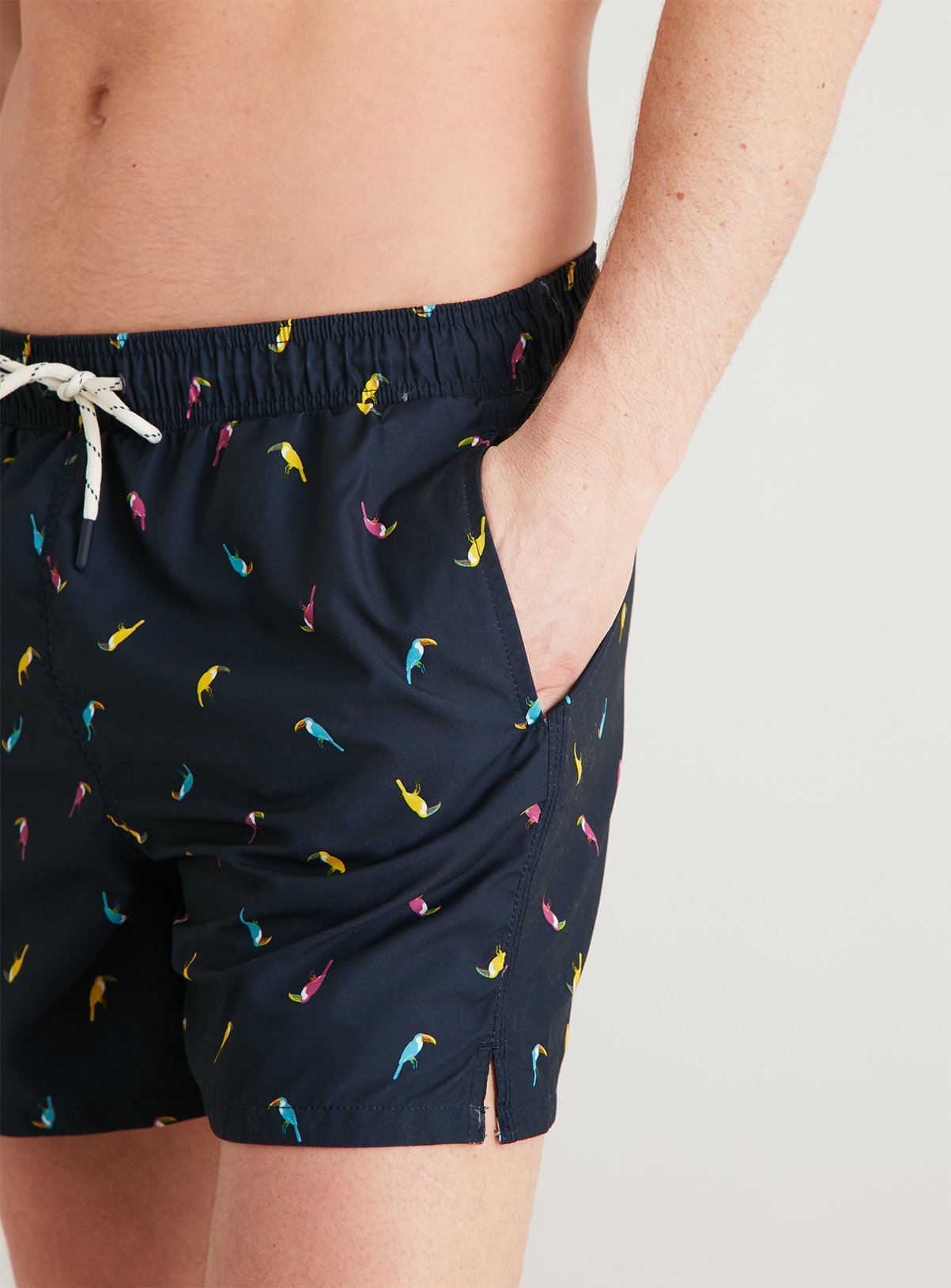 Navy Toucan Print Shortie Recycled Swim Shorts Review