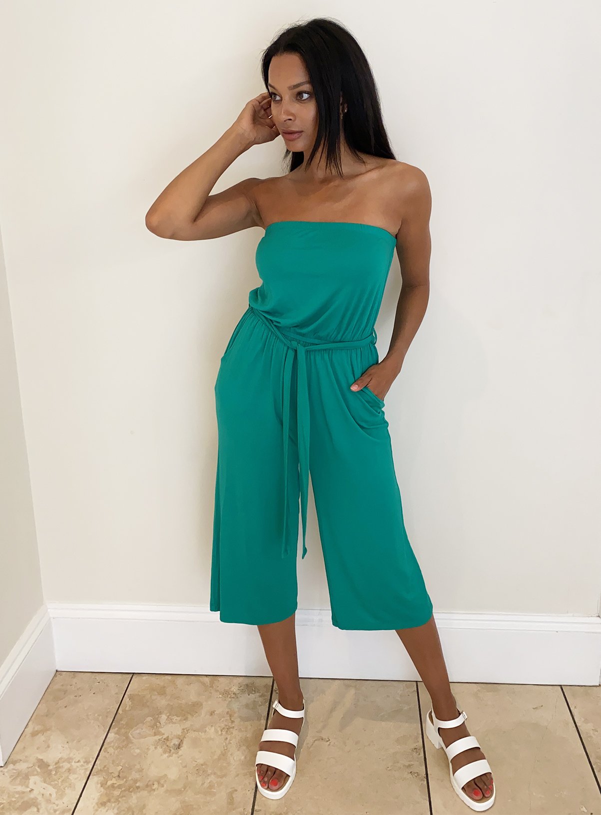 self tie strap super wide leg jumpsuit