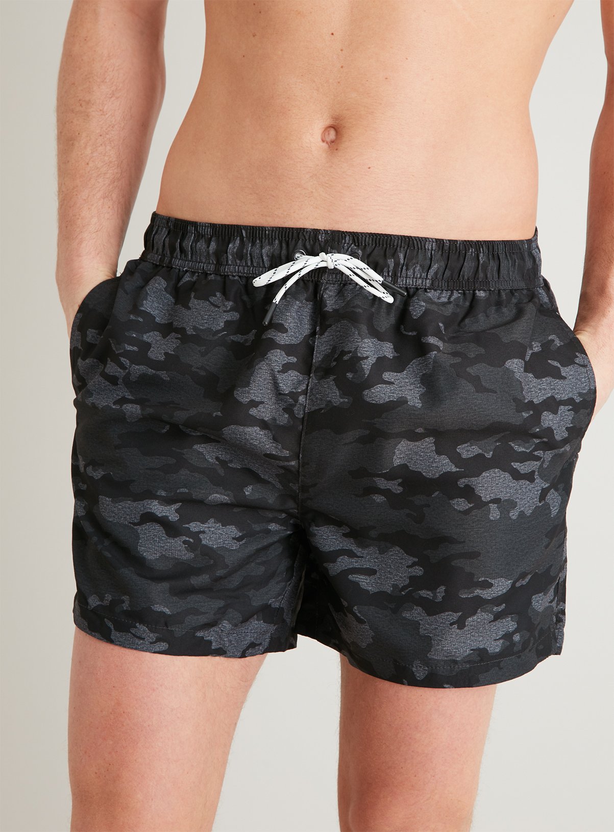 Charcoal Grey Camo Print Shortie Recycled Swim Shorts Review