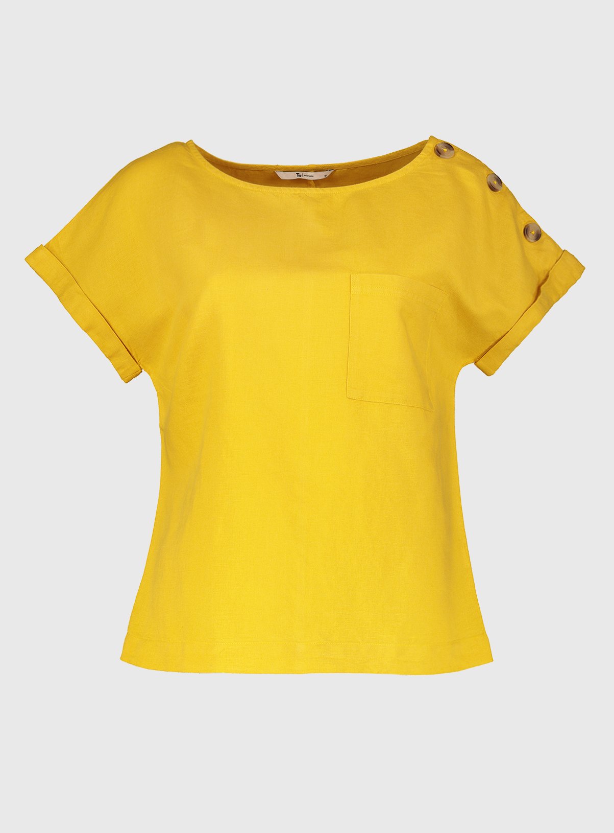 Yellow Linen-Rich Button Shoulder Top Review